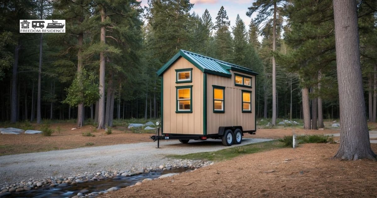 A tiny home parked in a serene forest clearing, surrounded by tall trees and a small stream, with a sign indicating it is a legal parking spot