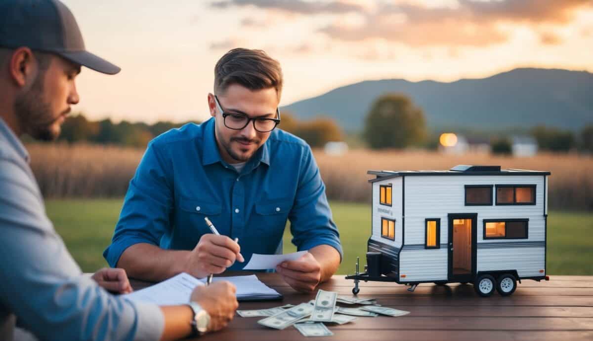 A person comparing a recreational vehicle and a tiny house, counting money and making notes