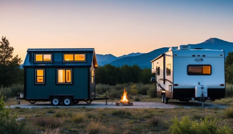A tiny house and an RV parked side by side in a serene natural setting, with mountains in the background and a small campfire between them