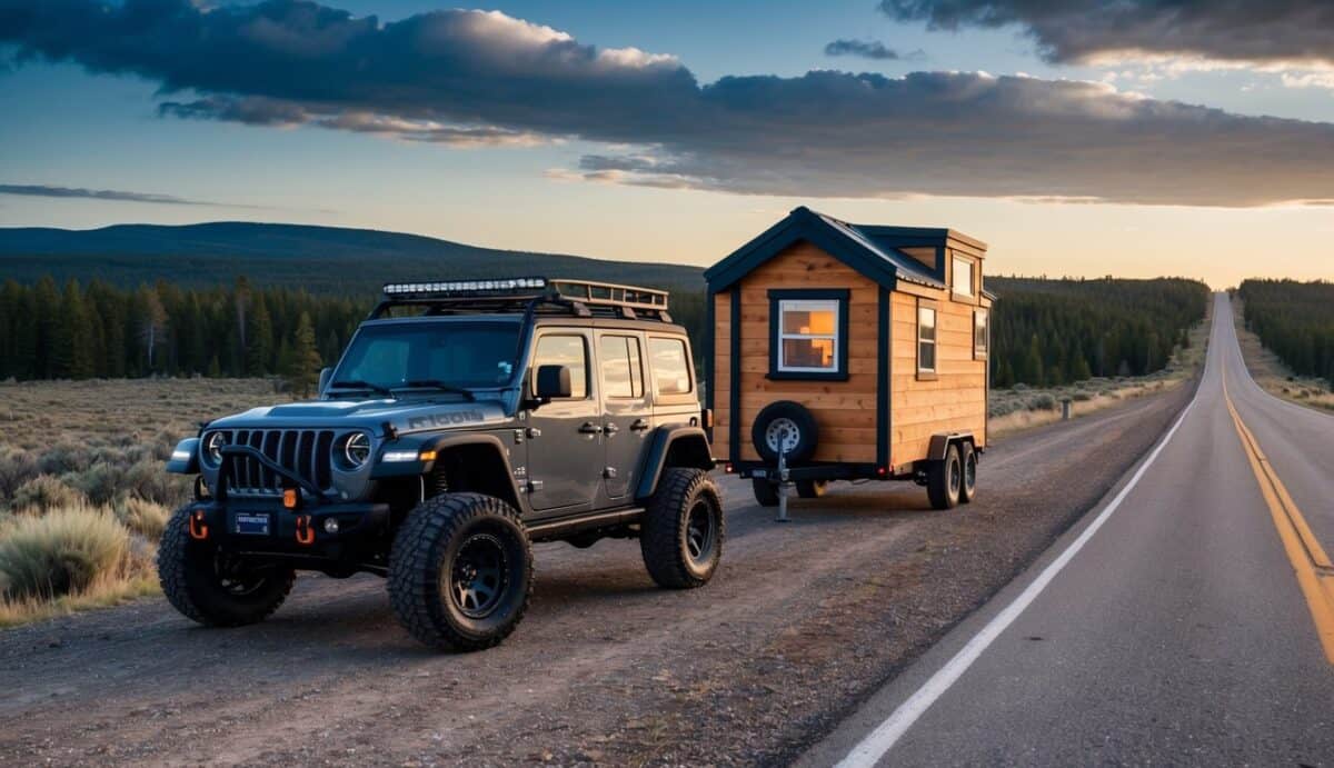 A rugged off-road vehicle parked next to a cozy tiny house in a scenic wilderness setting, with the open road stretching out in the distance