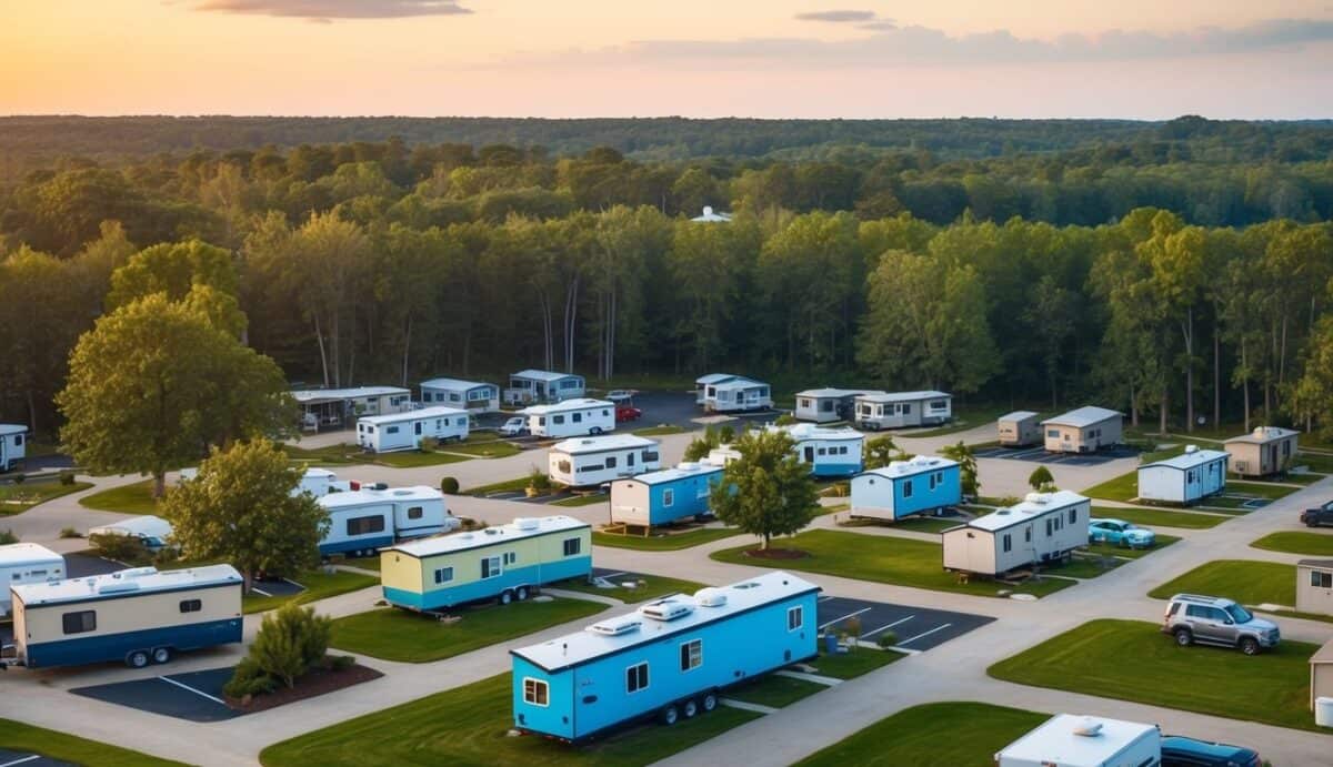 A bustling RV park with colorful tiny homes nestled among trees and parked neatly in designated spaces