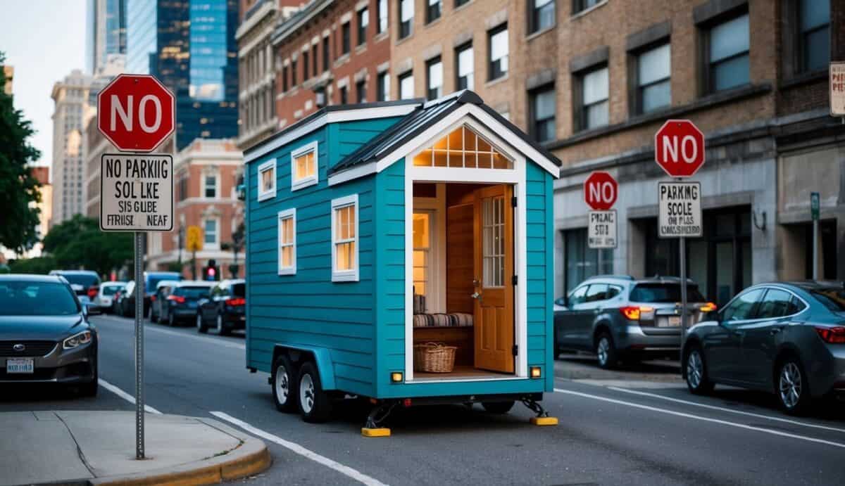 A tiny home parked in a crowded urban street, surrounded by no parking signs and frustrated neighbors