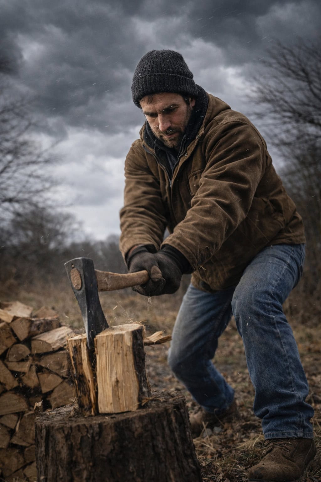photo of David chopping firewood with an axe prior to a winter storm. He is wearing a gray wool hat, tan work coat, worn jeans and leather work boots.