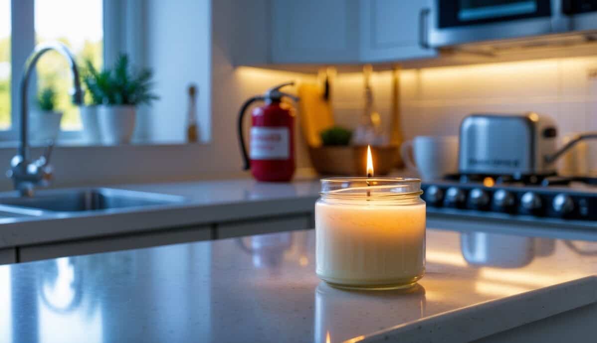 A homemade emergency candle made from Crisco glowing on a kitchen countertop with safety equipment like a fire extinguisher and smoke detector nearby.