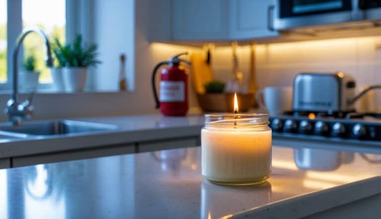 A homemade emergency candle made from Crisco glowing on a kitchen countertop with safety equipment like a fire extinguisher and smoke detector nearby.