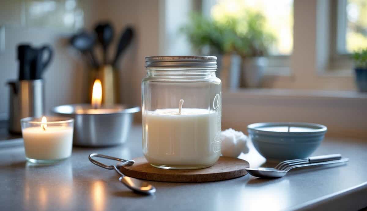 A kitchen countertop with a glass jar containing Crisco and a cotton wick, surrounded by candle-making tools including a lighter, spoon, and scissors.