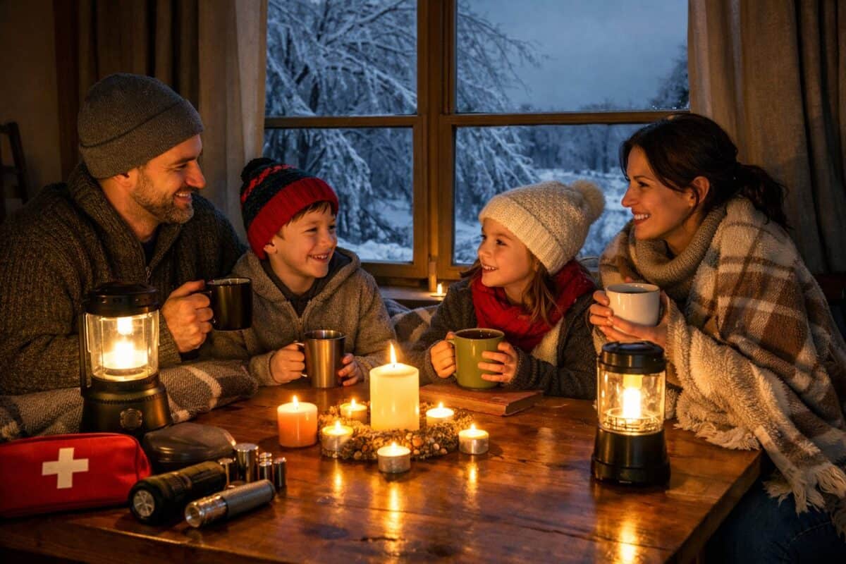 A family sitting around a table lit by candles and lanterns during a power outage in an icy winter setting.