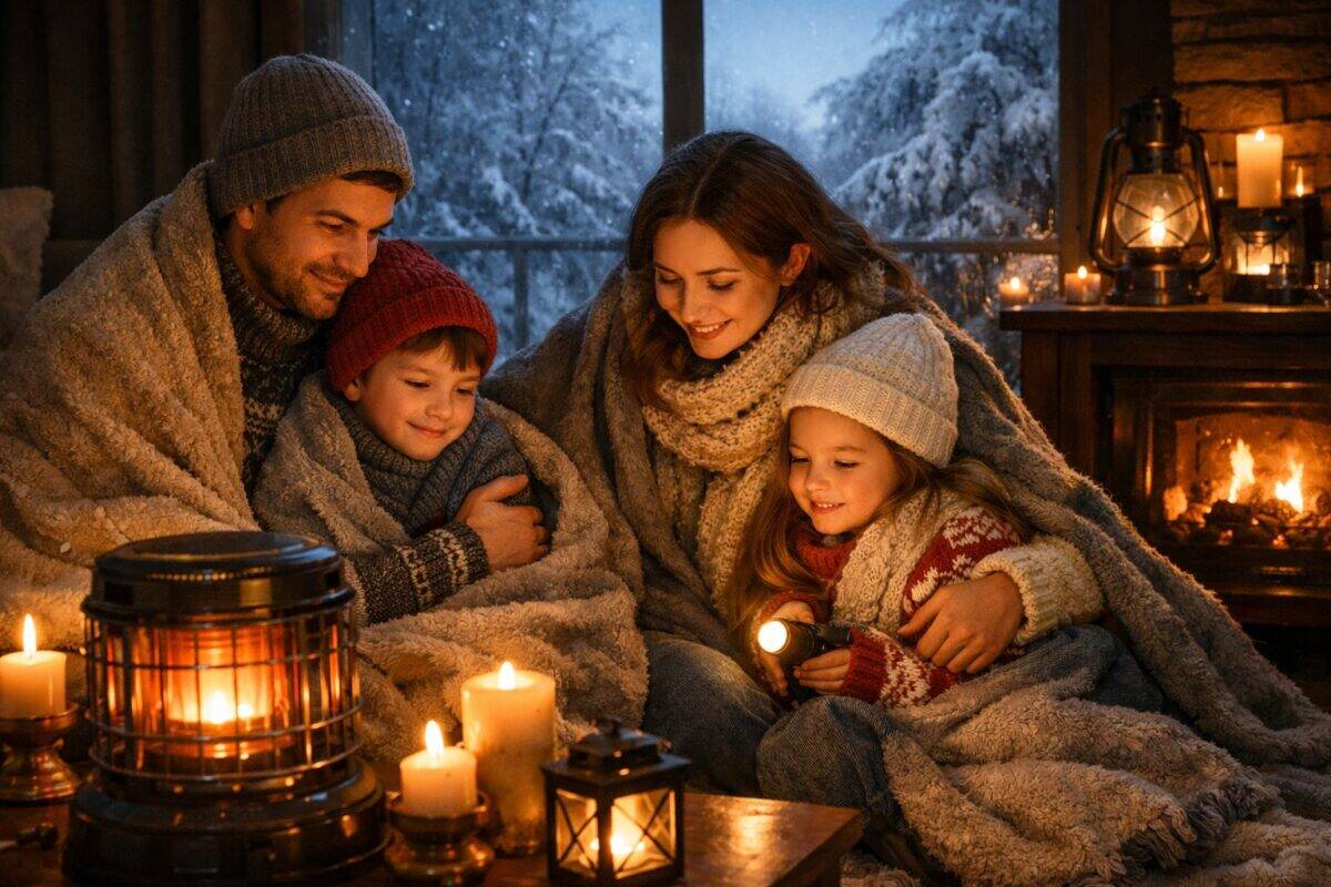 Family wrapped in blankets sitting near a fireplace with snow-covered trees visible outside the window.