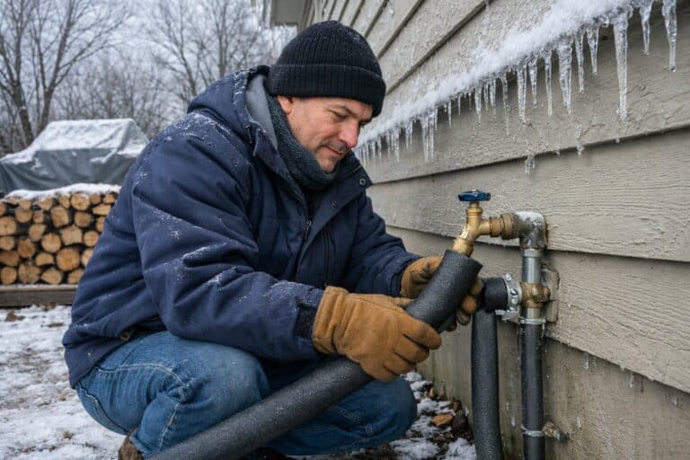 A homeowner wrapping insulation around outdoor water pipes near a snow-dusted house in winter to protect against an ice storm.