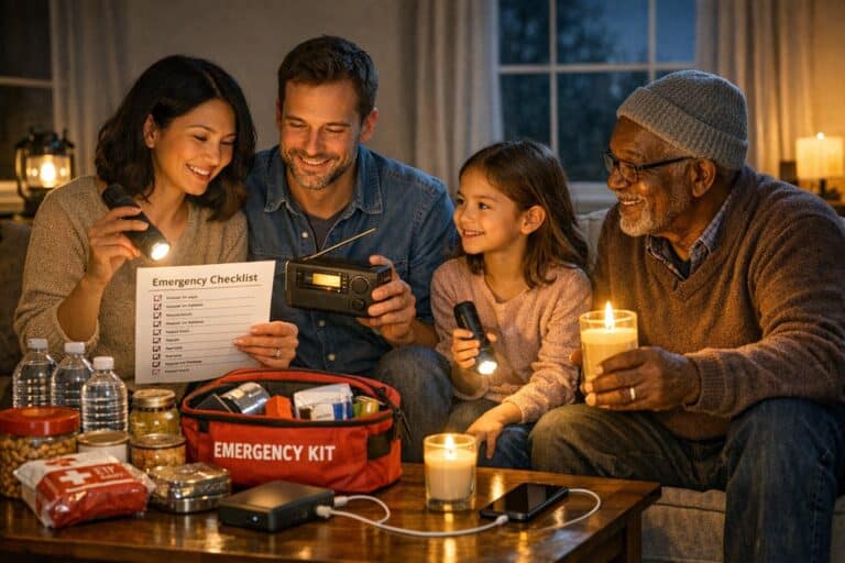 a family checking their emergency checklist by candle light because their power has gone out in a storm
