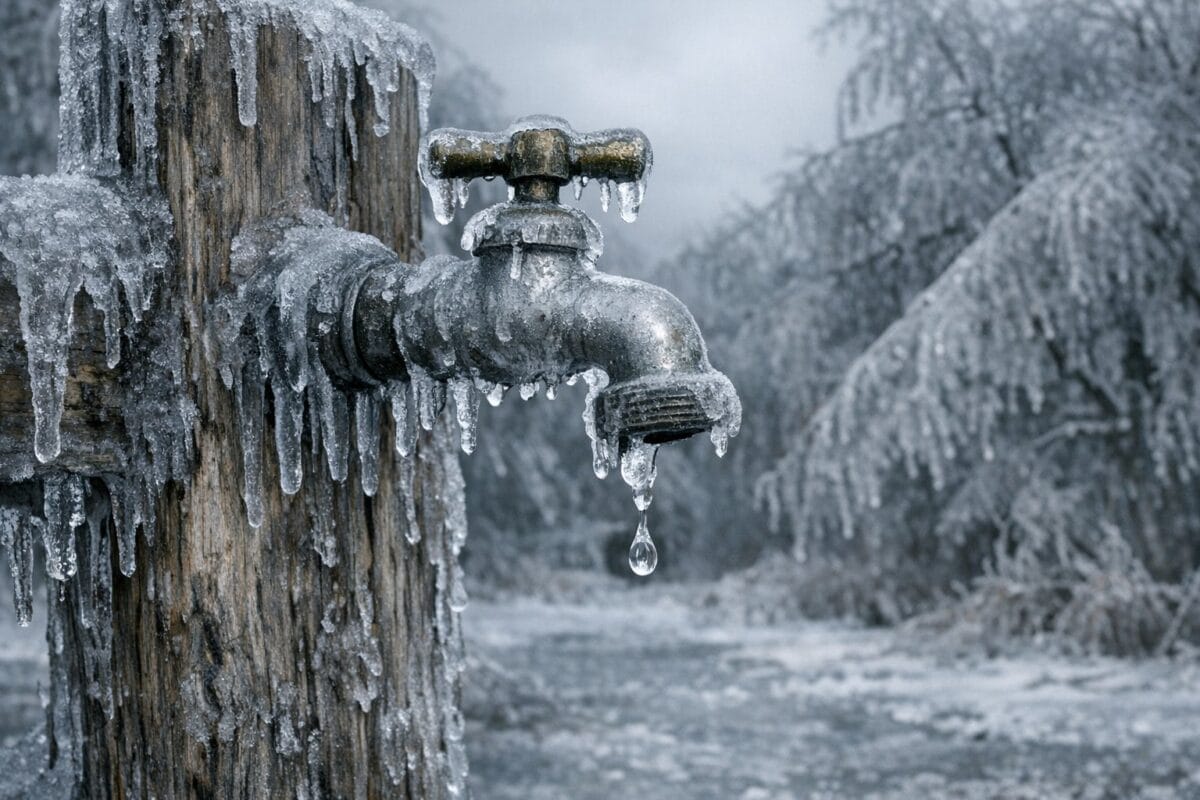 an outdoor water faucet has frozen water dripping out of it as the trees and ground are covered in thick ice from an ice storm